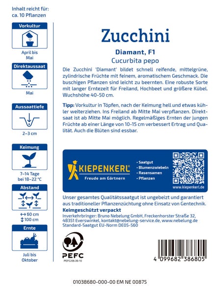 Saatguttüte Zucchini Diamant F1 von Kiepenkerl mit Anbauinformationen für Aussaat, Pflanzabstand und Erntezeit.