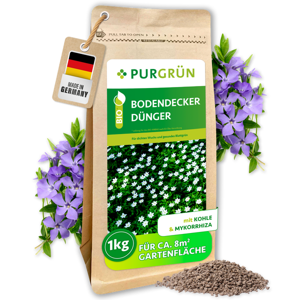 Purgrün Bio Bodendecker-Dünger, 1 Kilogramm für circa 8 Quadratmeter, mit Kohle und Mykorrhiza, hergestellt in Deutschland.