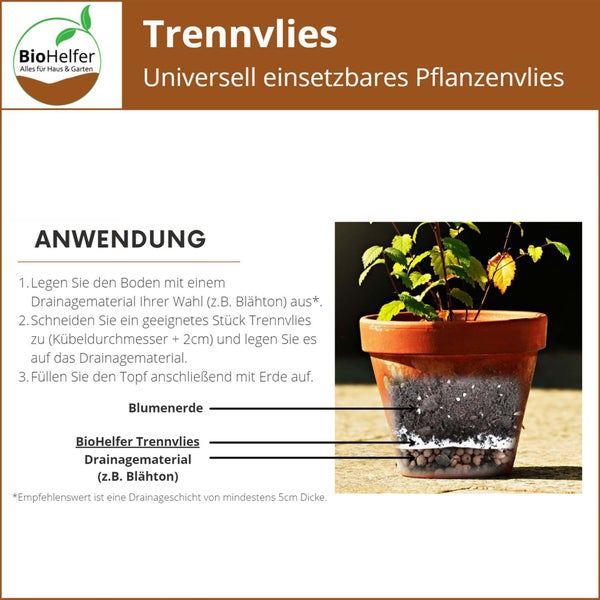 BioHelfer Trennvlies für Blähton, wasserdurchlässig, universelles Pflanzvlies, 1m x 200m