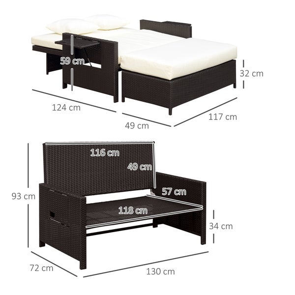Outsunny Polyrattan Lounge-Sofa Zweisitzer-Gartensofa mit Liegefunktion, Gartenliege in Rattanoptik, ausfahrbare Fußbank mit Stauraum, mit Sitzkissen, Braun+Creme, 130 x 72 x 96 cm