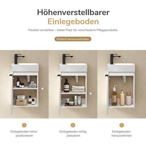 Infografik zeigt einen höhenverstellbaren Einlegeboden in einem Waschbeckenunterschrank mit drei verschiedenen Positionierungsmöglichkeiten.
