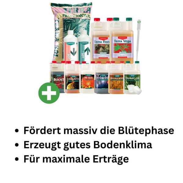 Canna Terra Profi Erde-Set Big XL – Komplettset mit 50L nährstoffreicher Blumenerde + Terra Vega & Flores je 1L + Boost, PK 13/14, Cannazym, Rhizotonic je 250ml + Calmag, Cure je 1L + pH-Regulatoren, Pipette & Messbecher