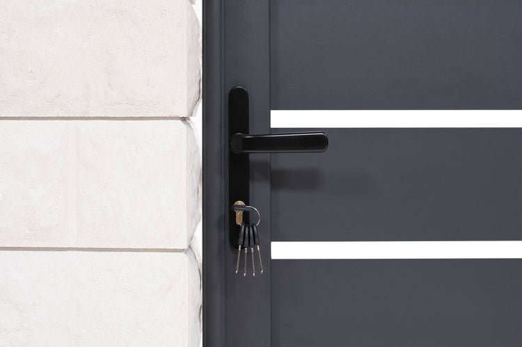 Detailaufnahme einer modernen Haustür mit Griff, Schloss und Schlüssel