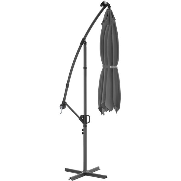 Tectake Ampelschirm grau mit Kreuzfuß und Kurbel, geschlossen.