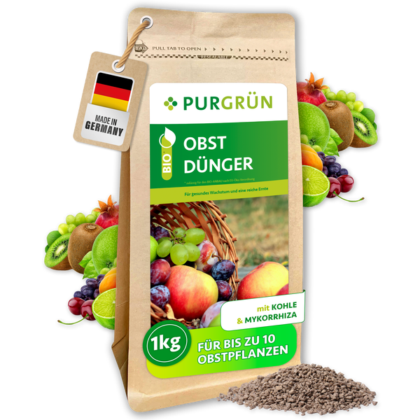 Purgrün Bio Obstdünger 1 Kilogramm Packung, mit Kohle und Mykorrhiza, für bis zu 10 Pflanzen, hergestellt in Deutschland, inklusive Granulat.