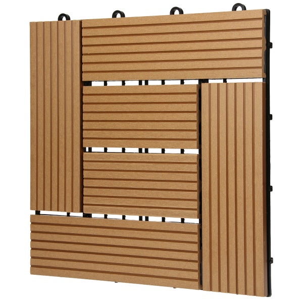 Quadratische WPC-Klickfliese für Terrasse und Balkon mit hellbraunem Lamellenmuster und schwarzem Kunststoff-Verbindungssystem.