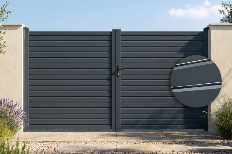 Modernes doppelflügeliges Einfahrtstor aus Aluminium mit horizontalen Lamellen zwischen zwei Pfosten.