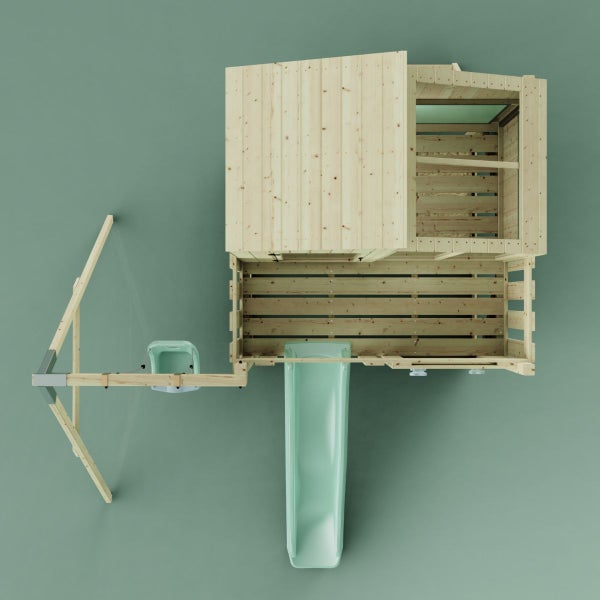 Holzspielhaus mit Rutsche und Schaukel