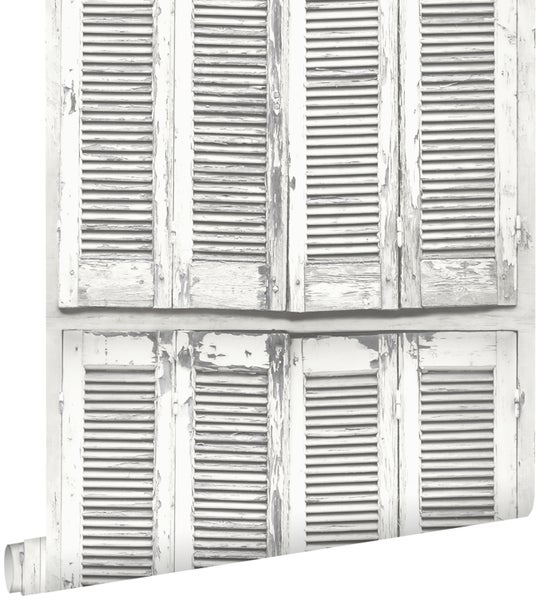 ESTAhome Tapete verwitterte, französische, vintage Fensterläden Hellgrau und Weiß - 53 cm x 10.05 m - 138882