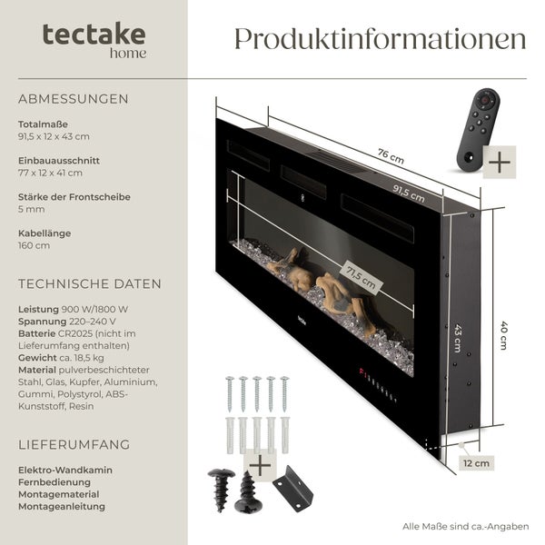 Produktinformationen Tectake Elektro-Wandkamin mit Maßen, technischen Daten und Lieferumfang