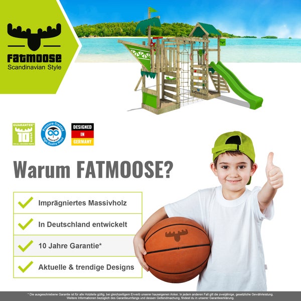 FATMOOSE Spielturm Ritterburg RiverRun mit Schaukel und Rutsche, Spielhaus mit Sandkasten, Leiter und Spiel-Zubehör – grün
