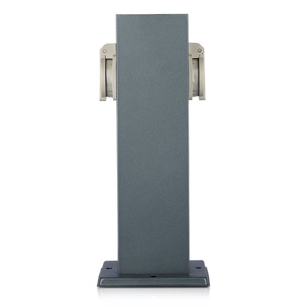 Graue Energiesäule für den Außenbereich aus Metall mit zwei Steckdosen inklusive Klappdeckeln.