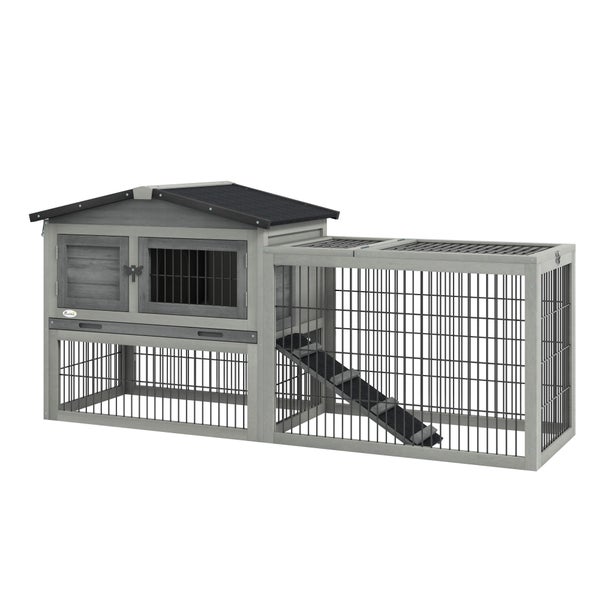 PawHut Hasenstall 2 Ebenen Kaninchenstall aus Tannenholz Winterfest Doppelstockhaus mit Freilaufgehege Rampe 150x52x68 cm Kaninchenkäfig Outdoor Kleintierstall für Hasen Kaninchen Meerschweinchen Grau