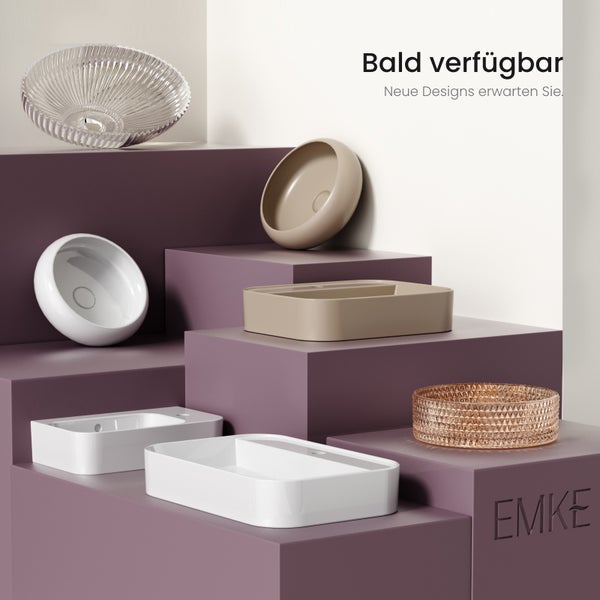 EMKE Aufsatzwaschbecken 400x400 mm, Keramik, Eckiger Waschtisch mit Hahnloch, Pflegeleicht, für Wand- oder Aufsatzmontage, Glänzend Weiß, für Badezimmer