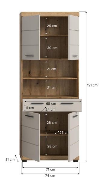 Hochschrank für das Bad in Holzoptik mit vier Türen und einer Schublade. Maßangaben in Zentimeter: Höhe 191, Breite 74, Tiefe 31.