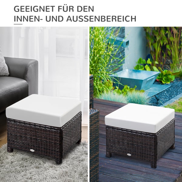 Outsunny Poly Rattan Hocker mit Kissen, Gartenhocker, 50 x 50 x 35 cm, Stahl+PE-Rattan-Geflecht+Polyester, Braun+Cremeweiß