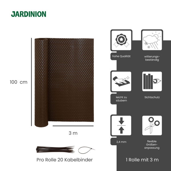 Jardinion Logo. Sichtschutzrolle aus Kunststoffgeflecht, 100 Zentimeter mal 3 Meter, inklusive 20 Kabelbinder, wetterfest und zuschneidbar.