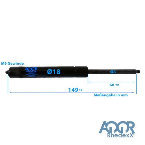 Gasfeder mit M6 Gewinde, Gesamtlänge 149 Millimeter, Hub 60 Millimeter, Durchmesser 18 Millimeter und 8 Millimeter, AQOR Rhedexx Logo.