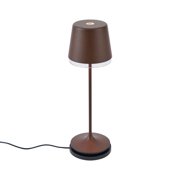 Moderne LED-Tischleuchte in Braun mit konischem Schirm und schlankem Standfuß.