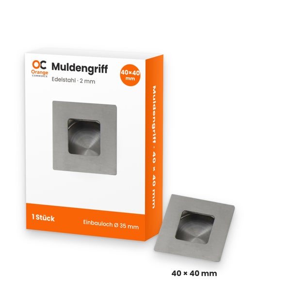 Quadratischer Muldengriff aus Edelstahl in 40 mal 40 Millimeter mit Einbauloch von 35 Millimeter Durchmesser in Verpackung von Orange Commerce