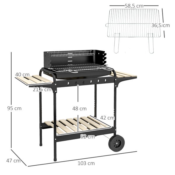 Outsunny Holzkohlegrill aus Metall höheverstellbar Grillrost, BBQ Smoker mit Räder, Holzablage, fahrbar Kohlegrill Grillwagen, Holzkohle Grill für Terrasse Camping, Barbeque, 103x47x95 cm