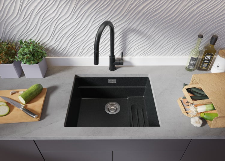 PRIMAGRAN Unterbauspüle Granit Anthrazit 56x47cm, Spülbecken 1 Becken + Ablauf-Set + Aufrollbare Abtropffläche, Granitspüle ab 60er Unterschrank - Praga