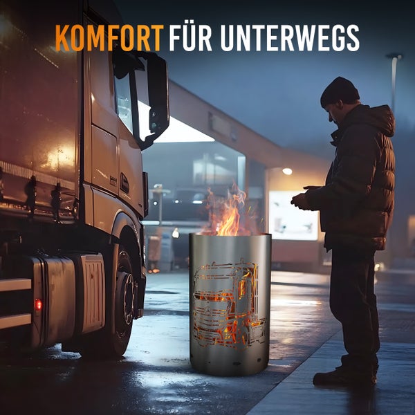 Brennender Feuerkorb aus Metall mit LKW-Motiv neben einem parkenden Lastwagen und einer Person