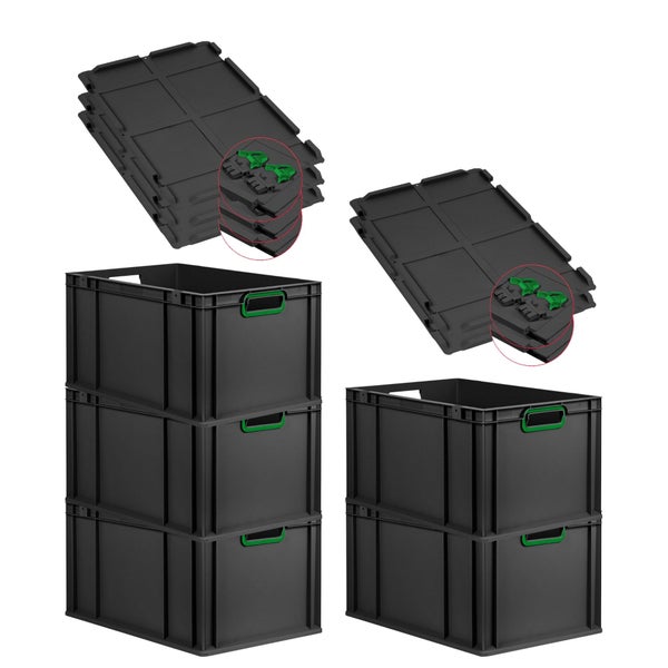 PROREGAL SuperSparSet 5x Eurobox NextGen Color mit Scharnierdeckel und Schiebeschnappverschlüssen, HxBxT 32x40x60cm, 65 Liter, Schwarz, Griffe grün offen, Verstärkter Boden, Eurobehälter, Transportbox, Transportbehälter, Stapelbehälter