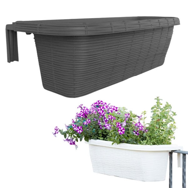 Geländerkasten 60 Rattan Geflecht Optik Balkonkasten für Geländer Blumenkasten inkl. Halterung anthrazit