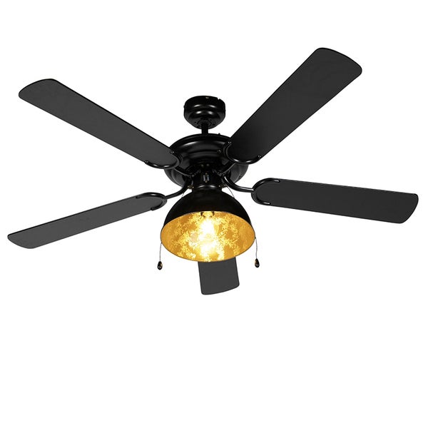 Deckenventilator mit Beleuchtung, vier Flügel und zentrale Lichtquelle mit strukturierter goldfarbener Innenseite.
