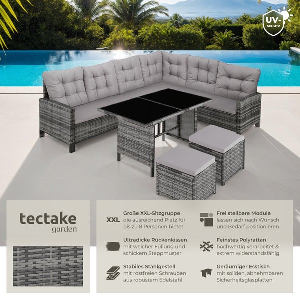 Rattan Lounge tectake Barletta mit Sicherheitsglasplatten für 6 bis 8 Personen grau