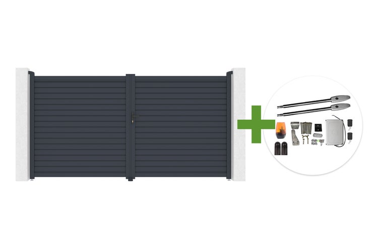 Zweiflügeliges Drehtor in Anthrazit mit horizontalen Lamellen inklusive elektrischem Torantrieb-Set mit Motoren, Sensoren und Fernbedienungen.