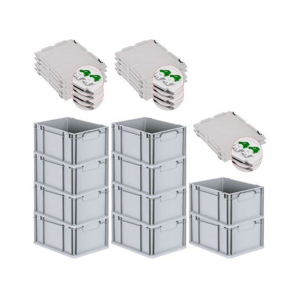 PROREGAL Spar Set 10x Eurobox Nextgen Economy Mit Scharnierdeckel & Grünen Schiebeschnappverschlüssen Griffe Geschlossen HxBxT 22 x 30 x 40 cm