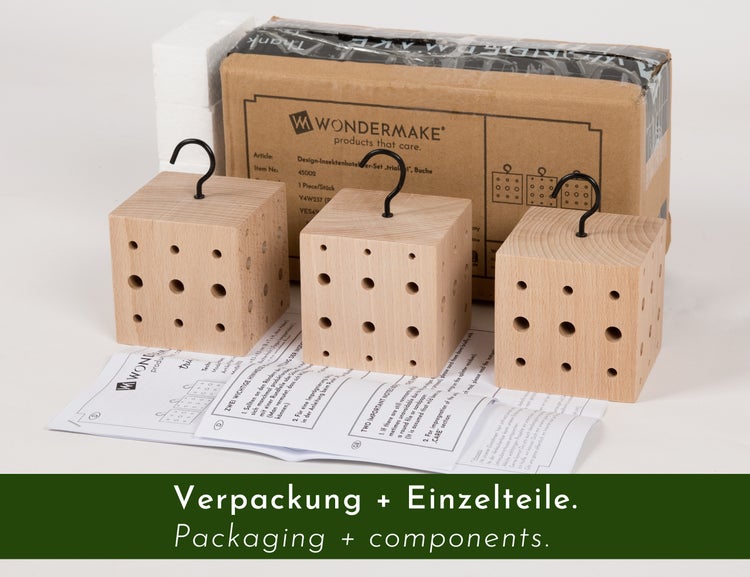 WONDERMAKE® 3er Set: Design Insektenhotel klein, Kubus aus Buche-Holz mit 3x 42 Nistplätzen, Bienenhotel hängend Nisthilfe für Wildbienen, braun schwarz