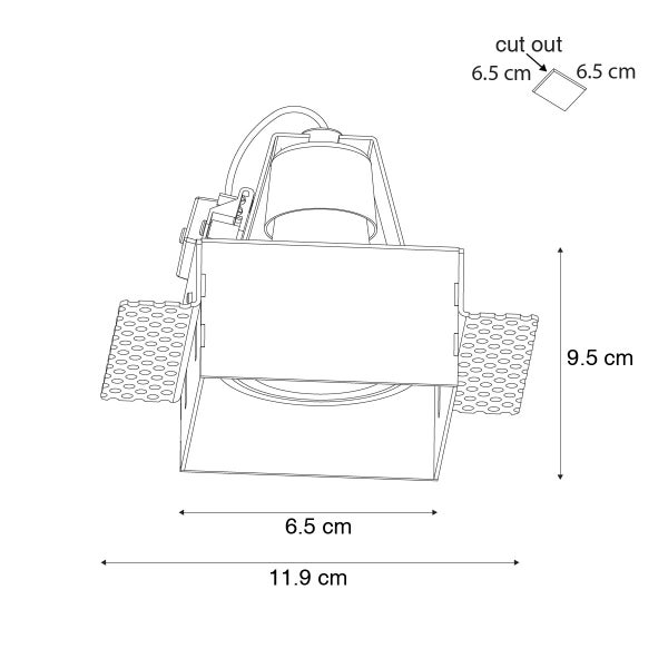 Technische Zeichnung eines quadratischen Einbaustrahlers mit Maßen: Ausschnitt 6,5 mal 6,5 Zentimeter, Breite 11,9 Zentimeter, Höhe 9,5 Zentimeter.