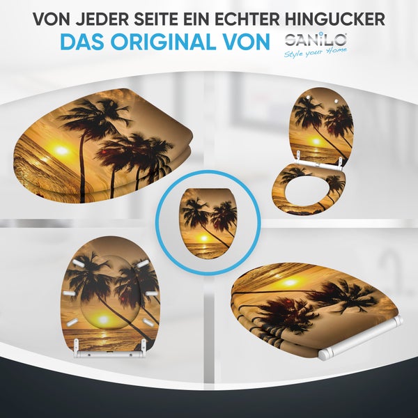 Sanilo WC Sitz mit Palmen und Sonnenuntergang Motiv aus Holz mit Absenkautomatik