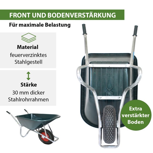 Schubkarre mit feuerverzinktem Stahlrohrrahmen, 30 Millimeter dick, Front- und Bodenverstärkung für maximale Belastung.