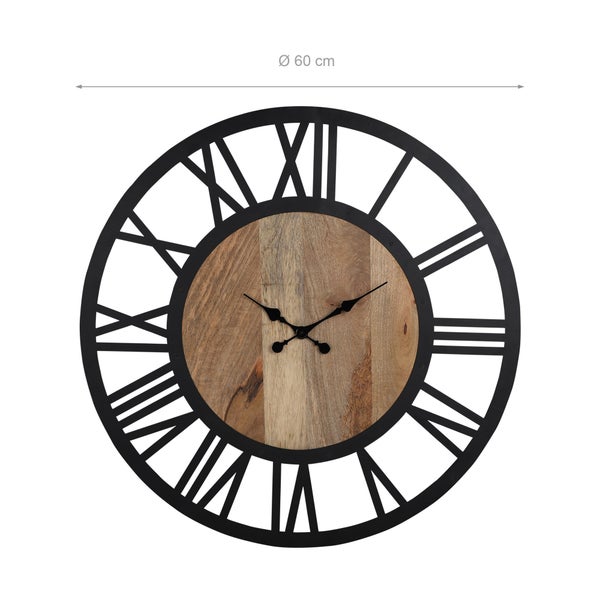 WOMO-DESIGN | Große Wanduhr Nibelheim Ø 60 cm rund, Unikat, handgefertigt aus Eisen und Mangoholz, Vintage-Stil, Schwarz-Natur, Lautlos, ohne Tickgeräusche, Designuhr Dekouhr Dekorative Uhr Design Uhr