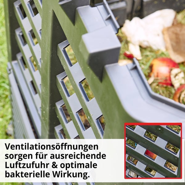Nahaufnahme eines Komposters mit Belüftungsöffnungen zur optimalen Zirkulation