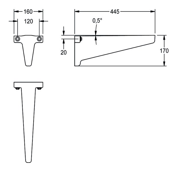 Technische Zeichnung einer Konsole mit Maßangaben: Breite 160, Tiefe 445, Höhe 170 Millimeter und Neigungswinkel 0,5 Grad.