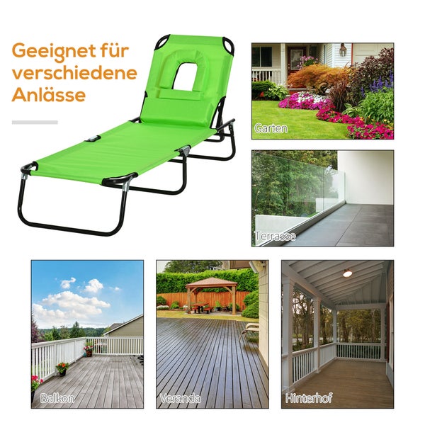 Klappbare Sonnenliege mit Gesichtsöffnung, dargestellt in verschiedenen Umgebungen wie Garten, Terrasse, Balkon, Veranda und Hinterhof.
