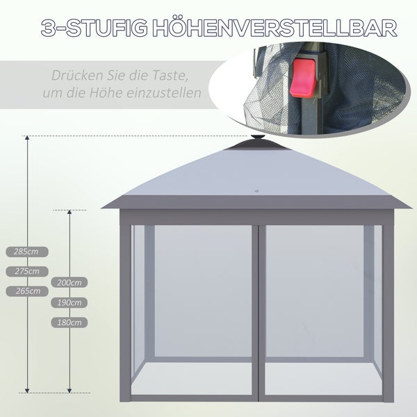 Outsunny Pavillon  3,3 x 3,3 m Faltpavillon mit LED, USB-Ladeanschluss Pop-Up-Pavillon mit Mesh-Seitenwände Gartenpavillon mit Sonnenschutz inkl. Tasche Oxford Grau
