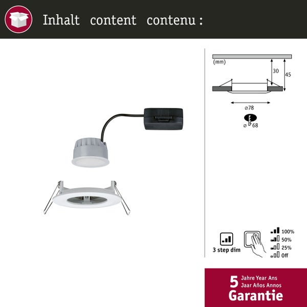 LED-Einbaustrahler mit Montagerahmen, technischer Zeichnung mit Maßen in Millimeter, 3-Stufen-Dimmfunktion und 5 Jahre Garantie.