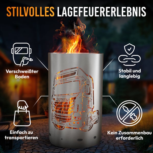 Feuerstelle aus Metall mit LKW-Motiv, verschweißtem Boden, stabil, langlebig, leicht zu transportieren und kein Zusammenbau erforderlich