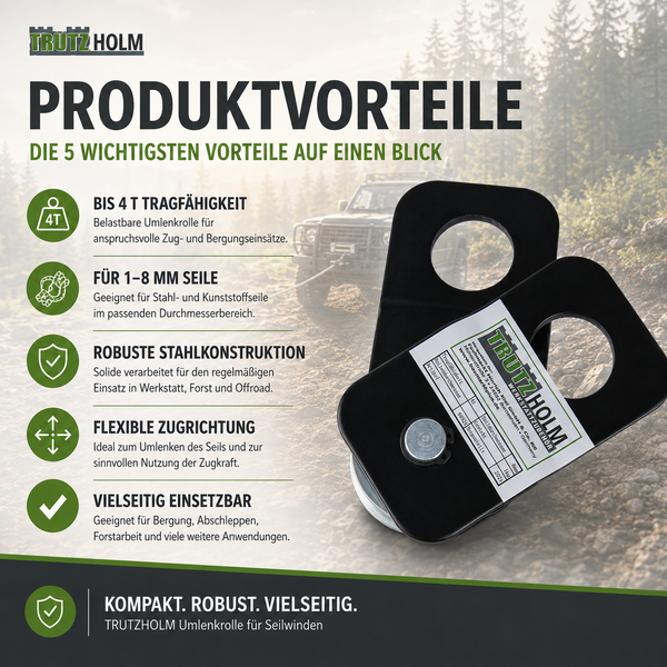 Produktvorteile der Trutzholm Umlenkrolle mit vier Tonnen Tragfähigkeit für Seilwinden, geeignet für verschiedene Zug- und Bergungseinsätze.