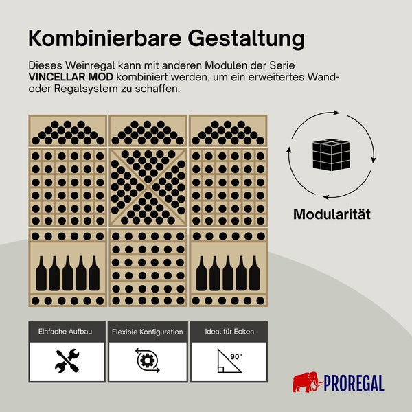 Modular aufbaubares Weinregalsystem VINCELLAR MOD von Proregal. Einfacher Aufbau, flexible Konfiguration und ideal für Ecken.