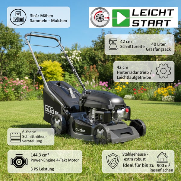 Güde Benzin-Rasenmäher auf Rasen mit 42 Zentimeter Schnittbreite, Hinterradantrieb, Motor mit 3 Pferdestärken, Stahlgehäuse und 3-in-1-Funktion.