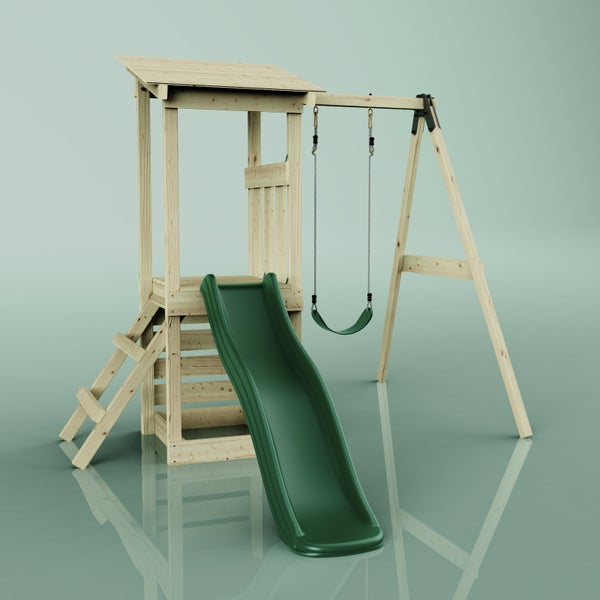 Spielturm mit Schaukel und Rutsche aus Holz