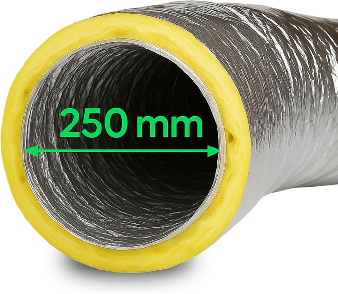 Isolierter Flexschlauch für Belüftung mit einem Durchmesser von 250 Millimeter.