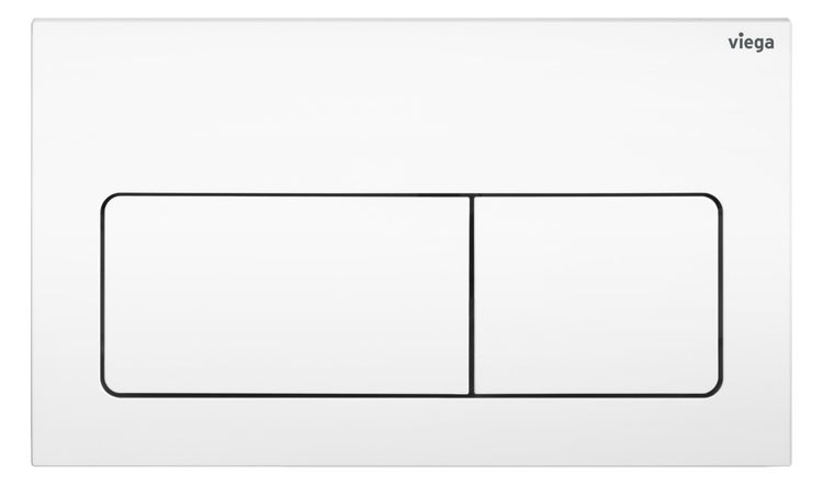 Viega Betätigungsplatte für die Toilette mit Zwei-Mengen-Spültechnik in Alpinweiß aus Kunststoff. Viega Logo.